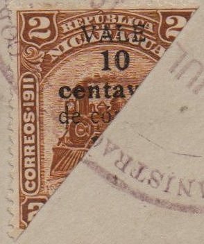 Nicaragua Stamps 1913 gold currency bisect of 10c on 2P Steam Locomotive design